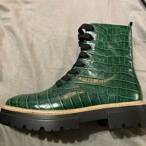 Green snake print leather boot